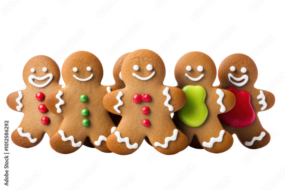 A group of traditional gingerbread men cookies with colorful icing details, smiling faces, and buttons, neatly arranged on a white background A group of traditional gingerbread men cookies with colorful icing details, smiling faces, and buttons, neatly arranged on a white background