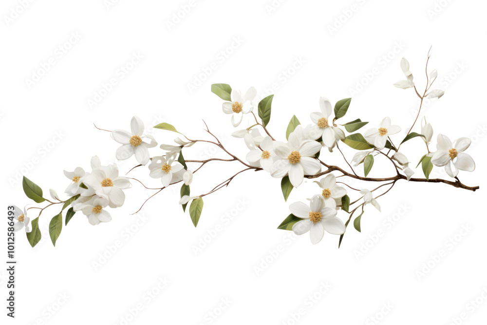 Obraz premium A graceful branch adorned with blooming white jasmine flowers, capturing the essence of natural beauty against a stark white background