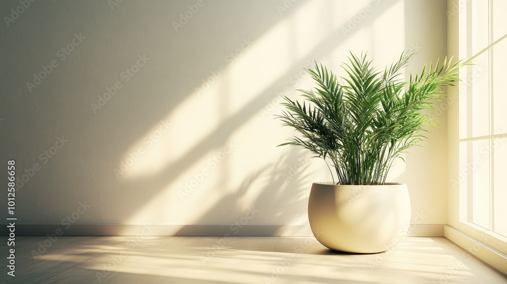 Serene Indoor Plant in Sunlit Modern Minimalist Room Serene Indoor Plant in Sunlit Modern Minimalist Room