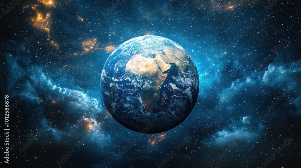 Cinematic shot of planet earth globe clouds and space background.