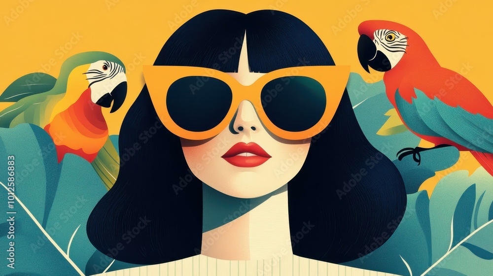 Fototapeta premium A vibrant abstract collage featuring a stylish woman in big sunglasses surrounded by colorful parrots in retro s flair.
