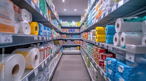Supermarket shelf in store with toilet paper roll, featuring shop sale bathroom consumerism market product toilet paper retail clean hygiene tissue