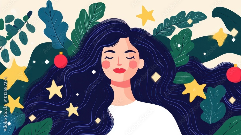 A serene woman with flowing hair is embraced by lush leaves and twinkling stars, creating a dreamy atmosphere. A serene woman with flowing hair is embraced by lush leaves and twinkling stars, creating a dreamy atmosphere.