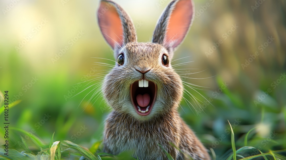 Cute Bunny Rabbit With Big Teeth in Green Grass