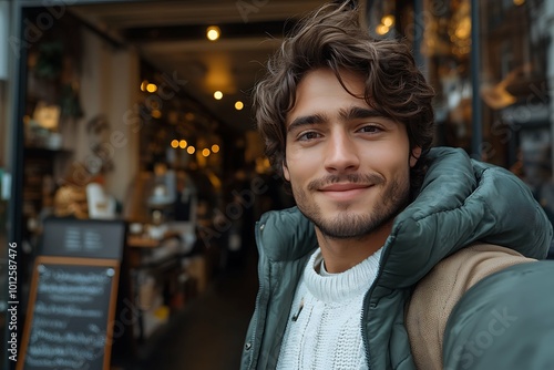 smiling young man taking selfie on smartphone while standing in coffee shop