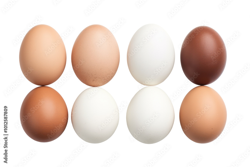A collection of farm-fresh eggs spread out evenly on a white background, highlighting their natural, unprocessed appearance A collection of farm-fresh eggs spread out evenly on a white background, highlighting their natural, unprocessed appearance