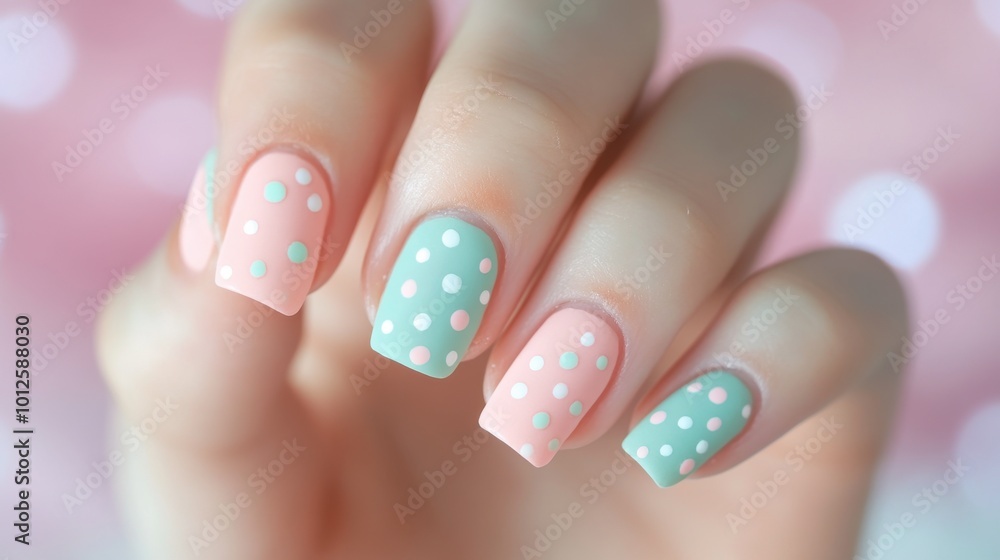 A soft and feminine nail art design with pastel polka dots on a light pink base, creating a cute and dainty style. A soft and feminine nail art design with pastel polka dots on a light pink base, creating a cute and dainty style.