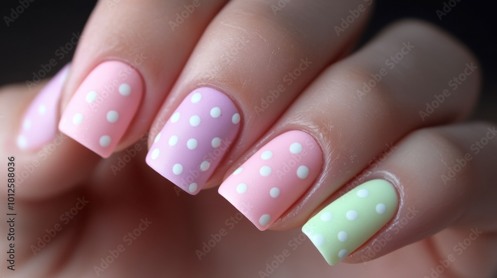 A soft and feminine nail art design with pastel polka dots on a light pink base, creating a cute and dainty style. A soft and feminine nail art design with pastel polka dots on a light pink base, creating a cute and dainty style.