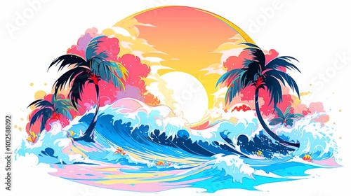 Beach wave artwork. Summer vector graphic design for apparel, stickers, posters, background and others. Surfing club vector design. Miami beach paradise artwork  photo