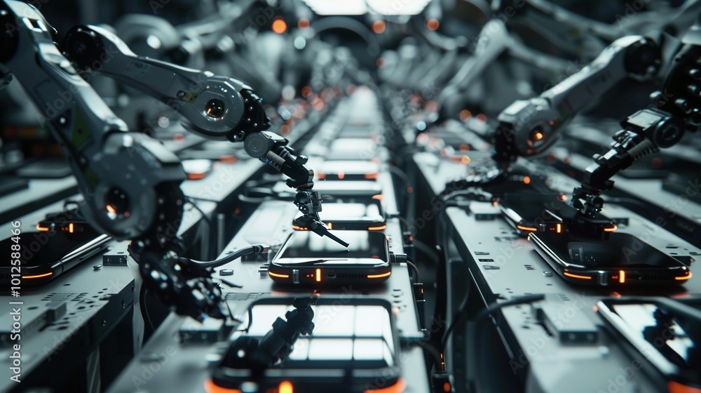 Fototapeta premium Robotic Arms Assembling Smartphones on a Production Line in a Technology Factory During Daylight Hours