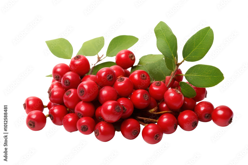 A cluster of ripe red cowberries with green leaves scattered across a white background, showcasing their vibrant color and natural texture A cluster of ripe red cowberries with green leaves scattered across a white background, showcasing their vibrant color and natural texture