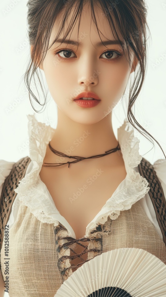 Experience a stunning liveaction portrayal featuring a fierce warrior in a vestlike chest outfit, wielding a fan.