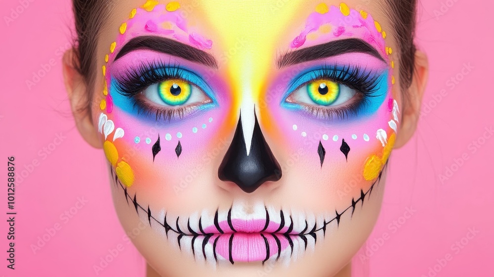 A striking skull makeup design with bold colors and captivating eyes, ideal for Halloween festivities and art portrayals. A striking skull makeup design with bold colors and captivating eyes, ideal for Halloween festivities and art portrayals.