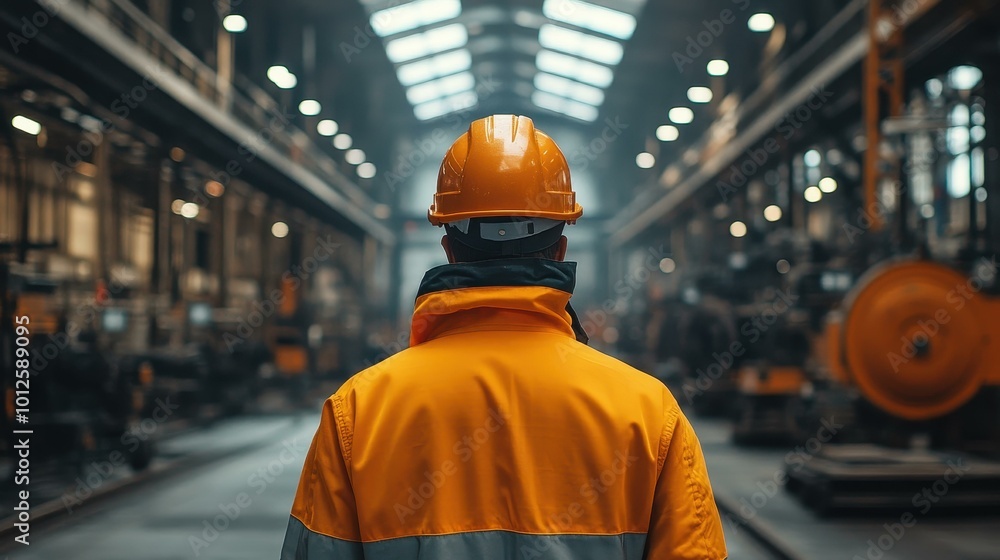 An industrial engineer in a highvisibility jacket and helmet monitors activity in a bustling manufacturing plant. An industrial engineer in a highvisibility jacket and helmet monitors activity in a bustling manufacturing plant.