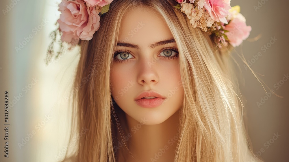 A serene portrait of a woman with a flower crown, her long blonde hair flowing softly in a dreamy, blurred scene. A serene portrait of a woman with a flower crown, her long blonde hair flowing softly in a dreamy, blurred scene.