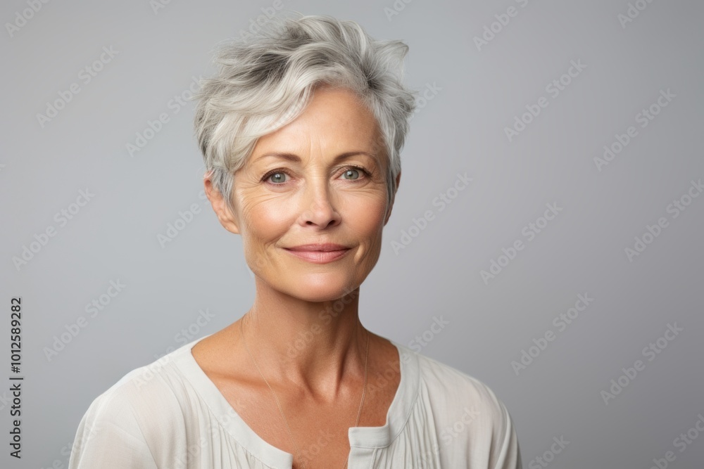 Portrait of a smiling senior woman with grey hair against grey background Portrait of a smiling senior woman with grey hair against grey background