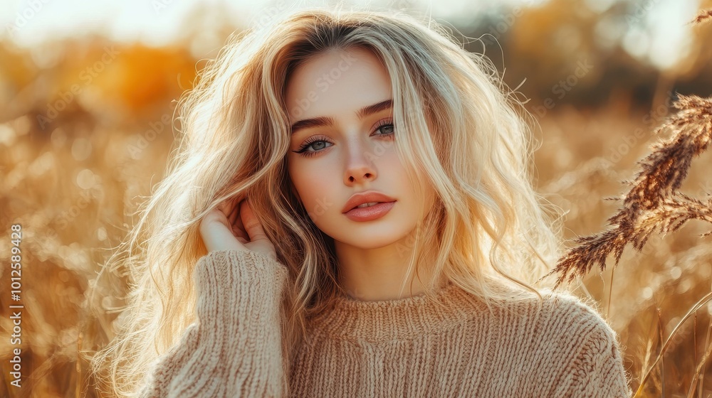 A stylish woman in a cozy beige sweater stands in a sunlit field, radiating elegance against a blurred backdrop. A stylish woman in a cozy beige sweater stands in a sunlit field, radiating elegance against a blurred backdrop.
