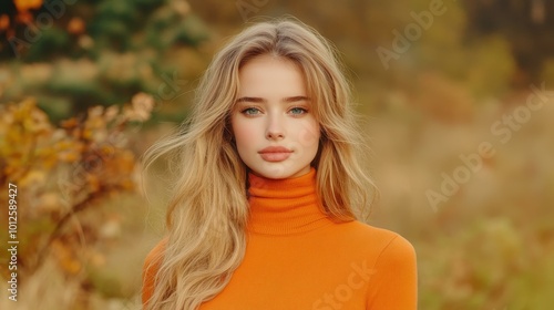 A woman in an orange turtleneck stands out with her long blonde hair against a soft, blurred backdrop, radiating warmth and style.