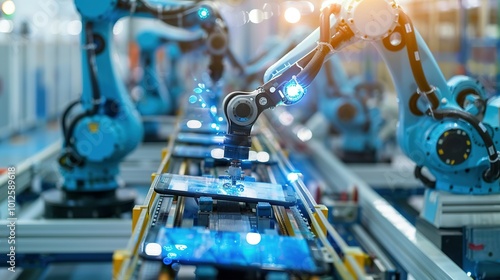 Assembly Line in a Technology Factory: Robotic Arms Building Smartphones During Daylight Hours