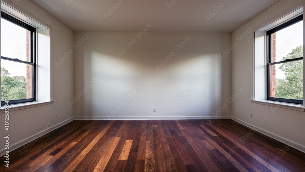 Obraz premium Light-filled empty room highlights polished floor and dual-window features enhancing openness.