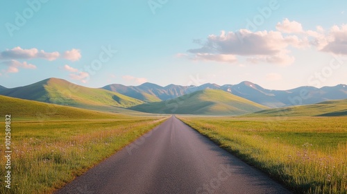 A straight asphalt road leading to green hills and mountains, under a bright sky with light, scattered clouds.