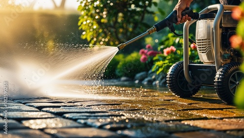 A high-pressure washer is used to clean a stone pathway, blasting away dirt. photo