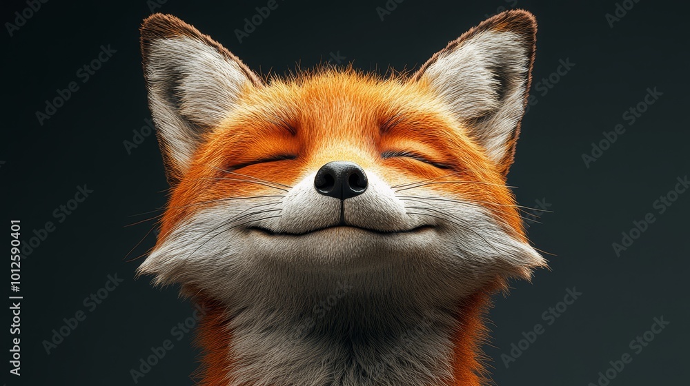 Fototapeta premium Cute Red Fox Smiling with Eyes Closed Portrait