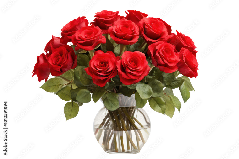 A bouquet of red roses arranged elegantly in a glass vase with green foliage, isolated against a white background A bouquet of red roses arranged elegantly in a glass vase with green foliage, isolated against a white background