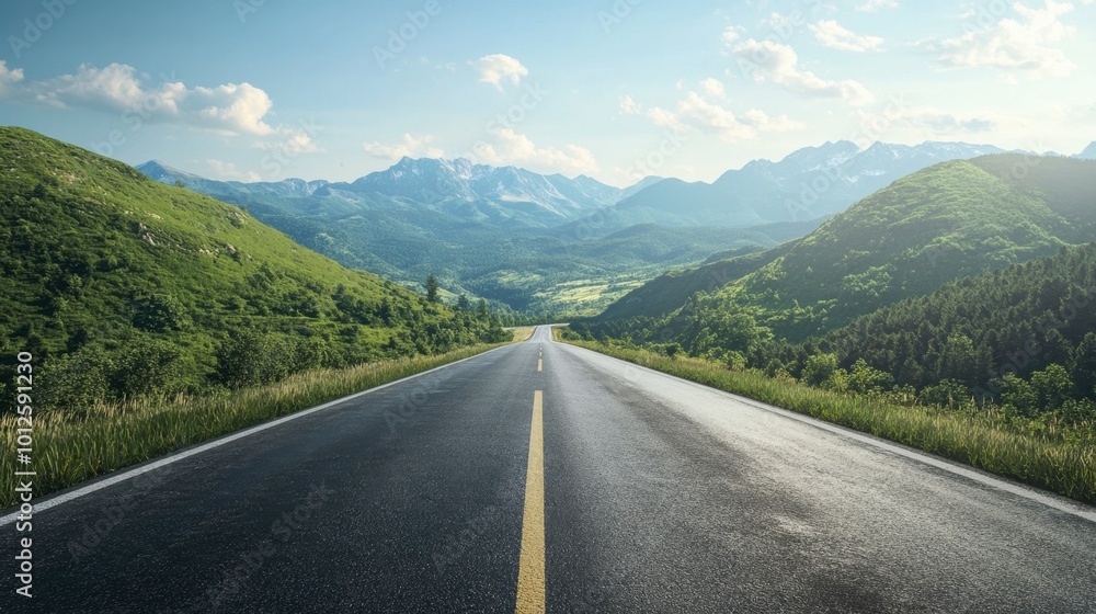 Fototapeta premium A straight asphalt road through green mountain terrain, under a clear sky with light, scattered clouds on a sunny afternoon.