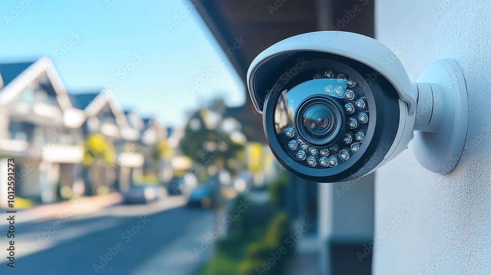 Security Camera on White Wall with Blurred Suburban Background Security Camera on White Wall with Blurred Suburban Background