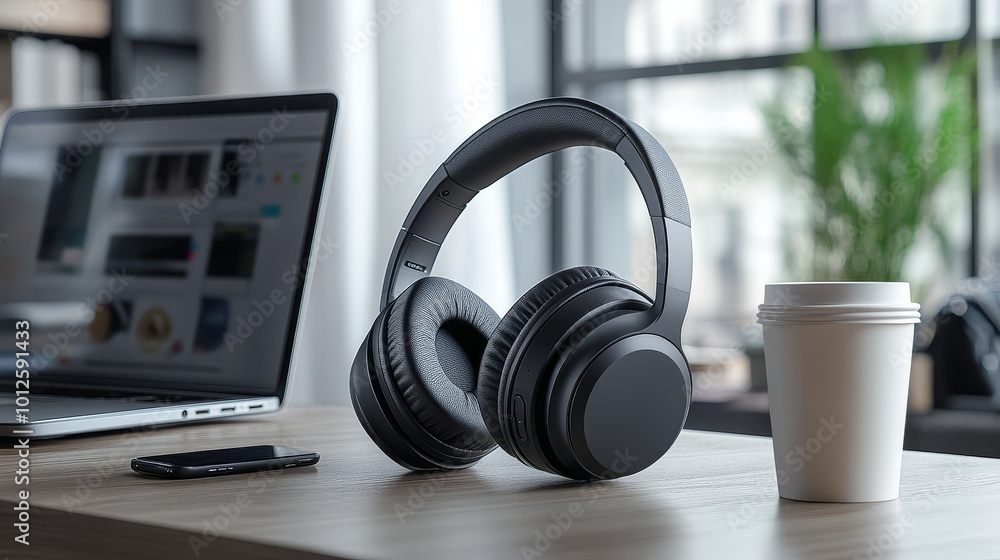 Modern Workplace with Headphones Laptop and Coffee Cup Modern Workplace with Headphones Laptop and Coffee Cup