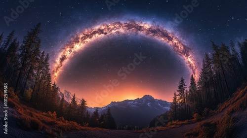 A stunning panorama of the Milky Way galaxy arching over a forest, with bright stars and cosmic dust illuminating the sky.