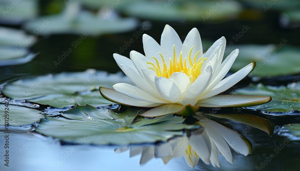 Tranquil White Lily Floating on Reflective Water - Close Up Photo Capturing Serene Beauty and Light Play Tranquil White Lily Floating on Reflective Water - Close Up Photo Capturing Serene Beauty and Light Play