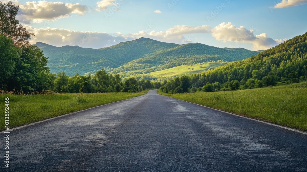 Naklejka premium A sunny day view of an asphalt road leading towards green, forested mountains, with a clear sky and gentle clouds.