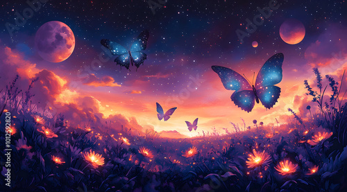 Celestial Canvas of Galactic Butterflies and Cosmic Blooms