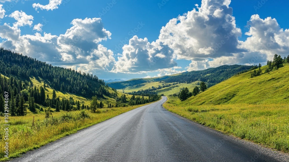Fototapeta premium A wide asphalt road running through green mountain scenery, with a sunny sky and fluffy white clouds overhead.