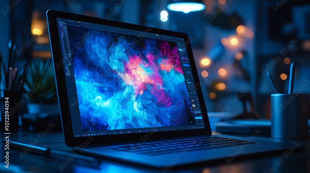 Laptop Screen with Abstract Design and Night Lights Laptop Screen with Abstract Design and Night Lights