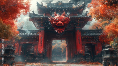 A fierce oni yokai standing guard at the entrance of a temple, painted in bold reds and blacks, contrasting with the delicate landscape around it 