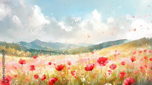 Fototapeta Naklejka Na Ścianę i Meble -  An idyllic watercolor landscape featuring a tranquil field full of red and pink spring flowers. Impressionist Landscape. Illustration