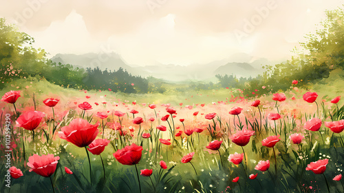 Fototapeta Naklejka Na Ścianę i Meble -  An idyllic watercolor landscape featuring a tranquil field full of red and pink spring flowers. Impressionist Landscape. Illustration