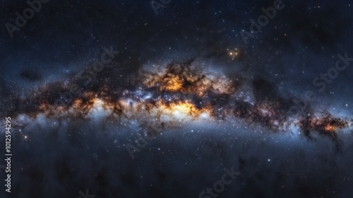 A wide panorama of the Milky Way galaxy with dense star clusters and dark cosmic voids, stretching across the night sky.