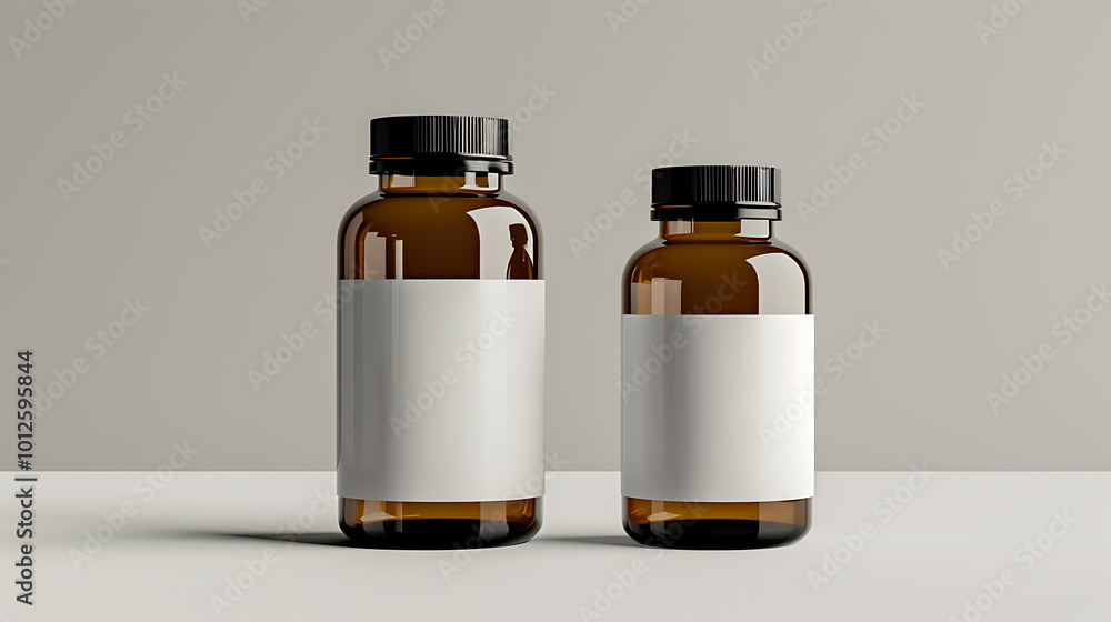 Two amber glass bottles with black lids and blank white labels on a white surface. Two amber glass bottles with black lids and blank white labels on a white surface.