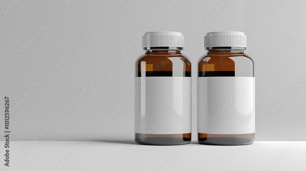 Two amber glass bottles with white lids and labels. The bottles are on a white surface. Two amber glass bottles with white lids and labels. The bottles are on a white surface.