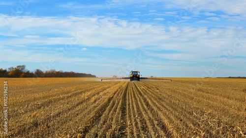 Capturing Agricultural Practices: A Tractor Spraying Pesticides on a Corn Field During Spring's Growing Season