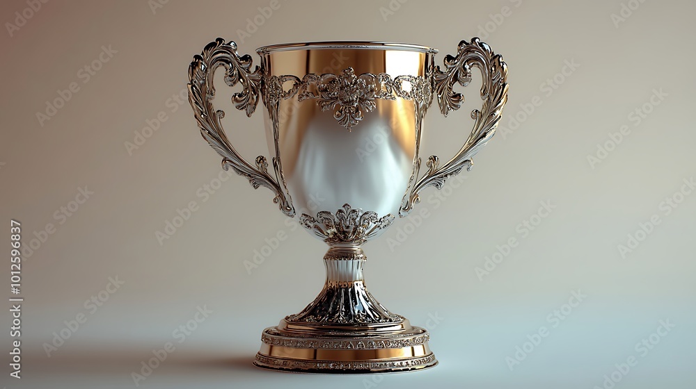 Elegant golden trophy cup stands out vividly against the neutral gray backdrop Elegant golden trophy cup stands out vividly against the neutral gray backdrop