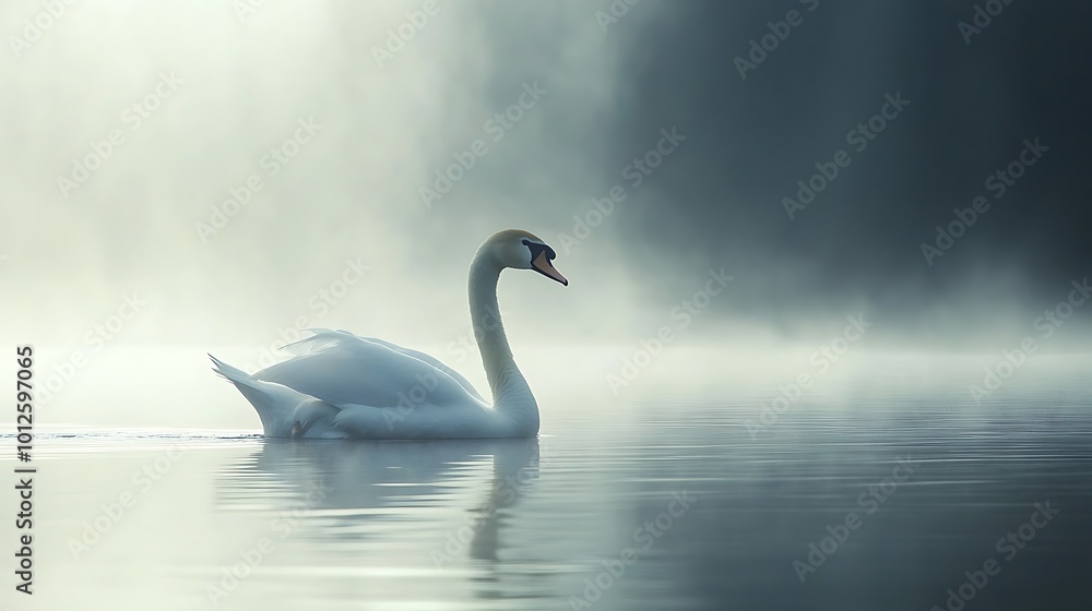 Fototapeta premium Floating elegantly a white swan drifts through the fog on a tranquil lake