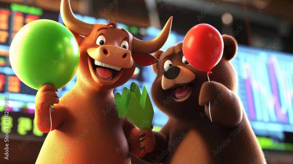 Fototapeta premium Energetic bull and cautious bear celebrate stock market trends with balloons in vibrant financial trading scene, boosting investor enthusiasm.