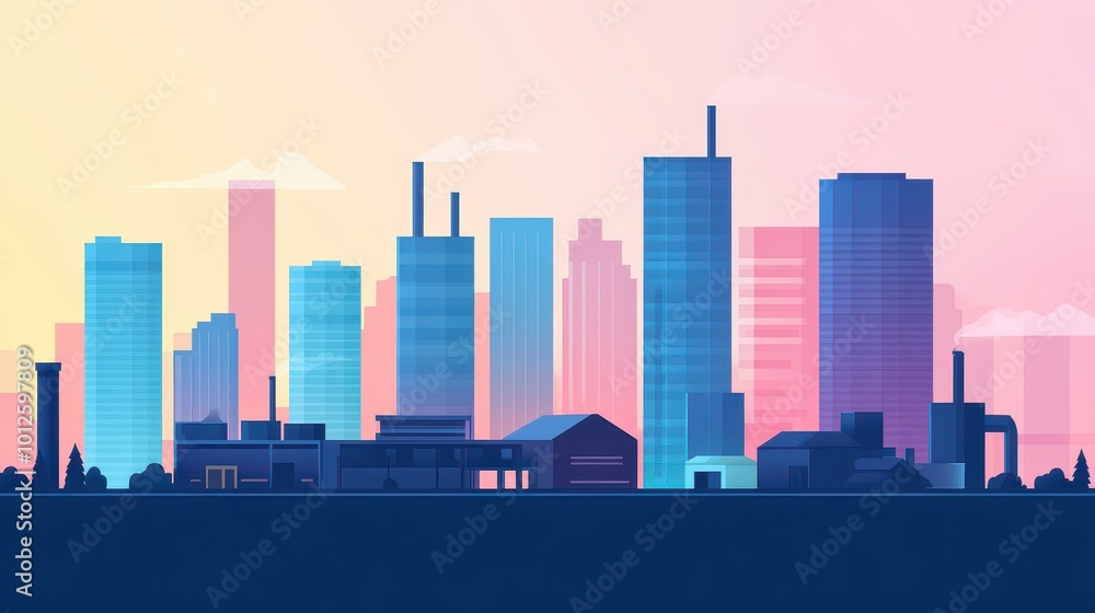Naklejka premium A factory silhouette against towering skyscrapers, perfect for banners, websites, or flyers, showcasing urban growth and innovation.