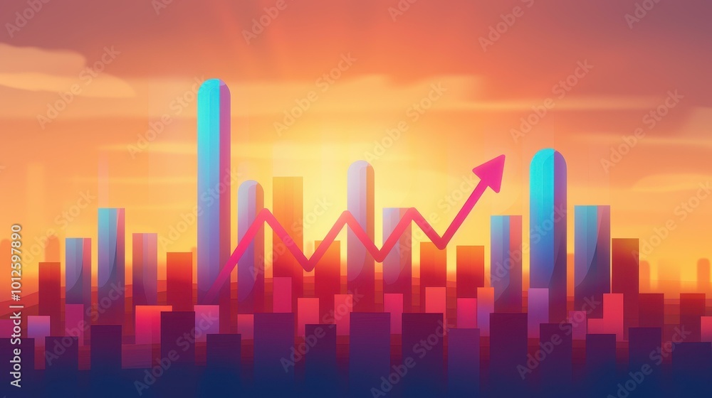 A vibrant double exposure blending urban skyline and finance graphs, set against a moody cloudy sky, embodying business growth. A vibrant double exposure blending urban skyline and finance graphs, set against a moody cloudy sky, embodying business growth.