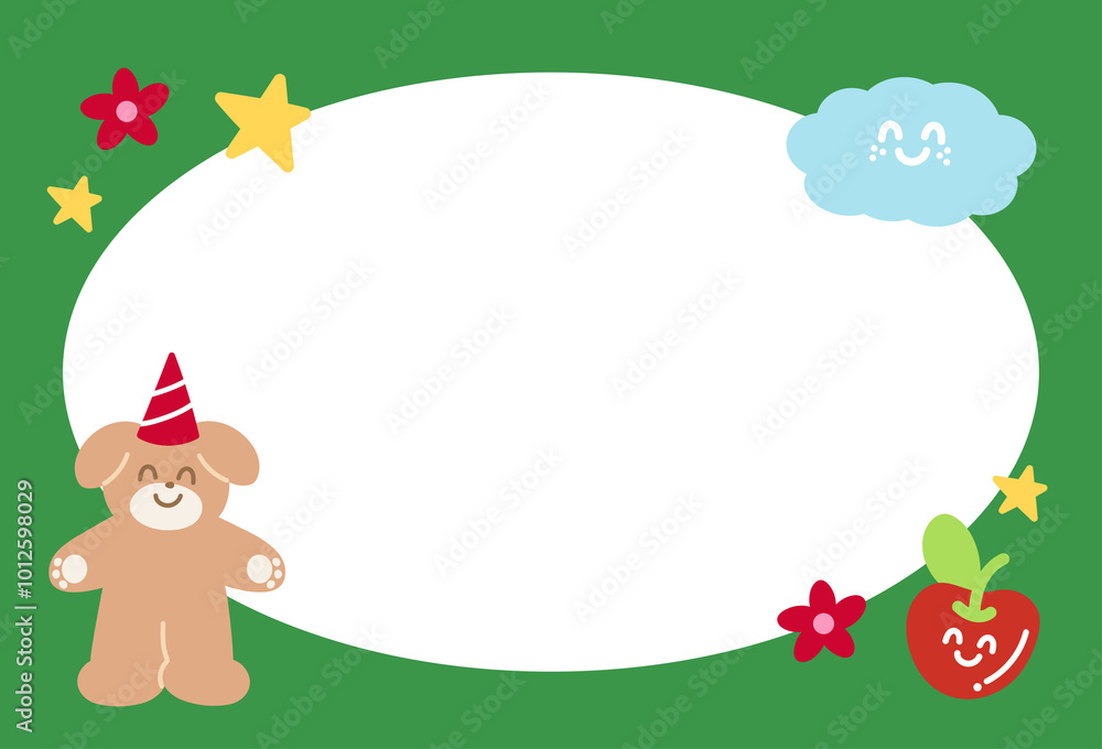 Christmas and New Year green frame with puppy, party hat, star, cloud for festive decoration, polaroid frame, banner, backdrop, background, winter season, animal, pet shop, vet, post card, dog cartoon Christmas and New Year green frame with puppy, party hat, star, cloud for festive decoration, polaroid frame, banner, backdrop, background, winter season, animal, pet shop, vet, post card, dog cartoon
